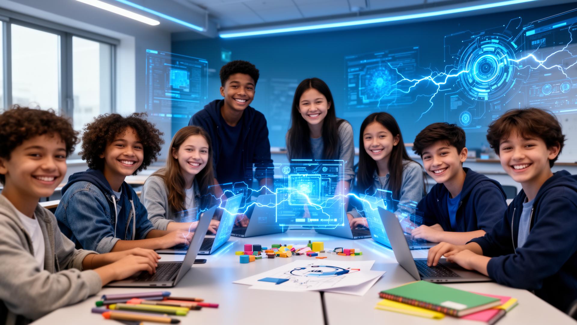Diverse youth learning AI and technology together